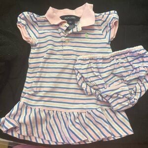 Ralph Lauren Kids Pink and Blue Striped Polo Dress Set